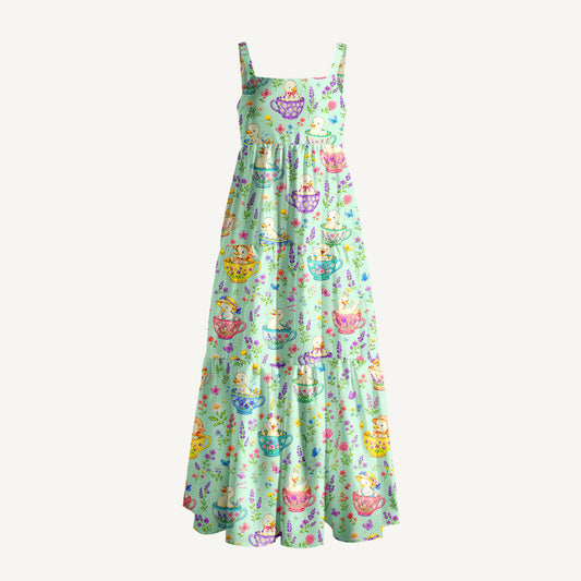 Whimsical Ducklings in Floral Teacups Print Wide Straps Maxi Dress With Pockets