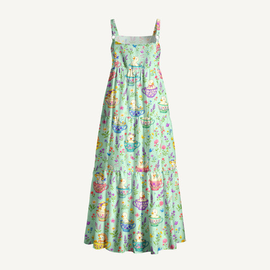 Whimsical Ducklings in Floral Teacups Print Wide Straps Maxi Dress With Pockets