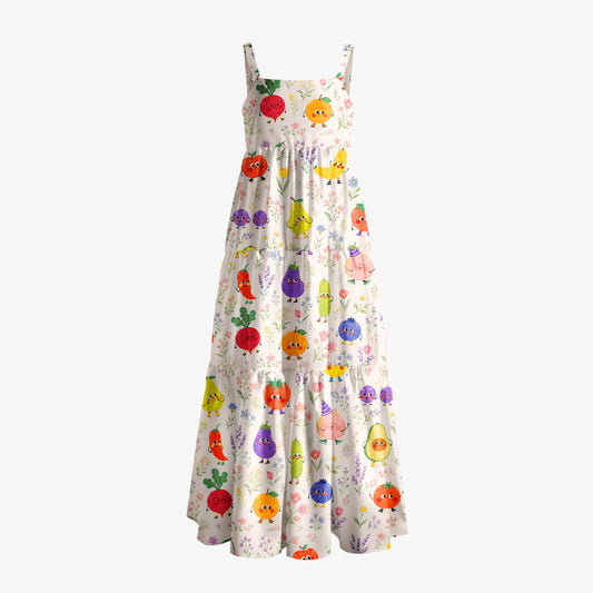 Whimsical Fruit Blossom Garden Print Wide Straps Maxi Dress With Pockets