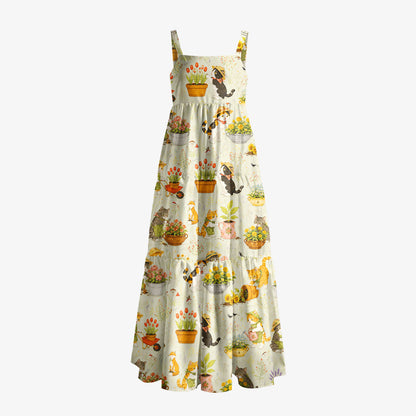 Whimsical Garden Cats Print Wide Straps Maxi Dress With Pockets