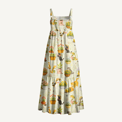 Whimsical Garden Cats Print Wide Straps Maxi Dress With Pockets