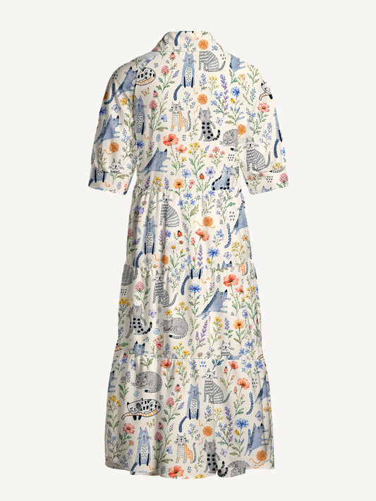 V Neck Collared Whiskers in the Wildflowers Print Casual Midi Dress With Pockets