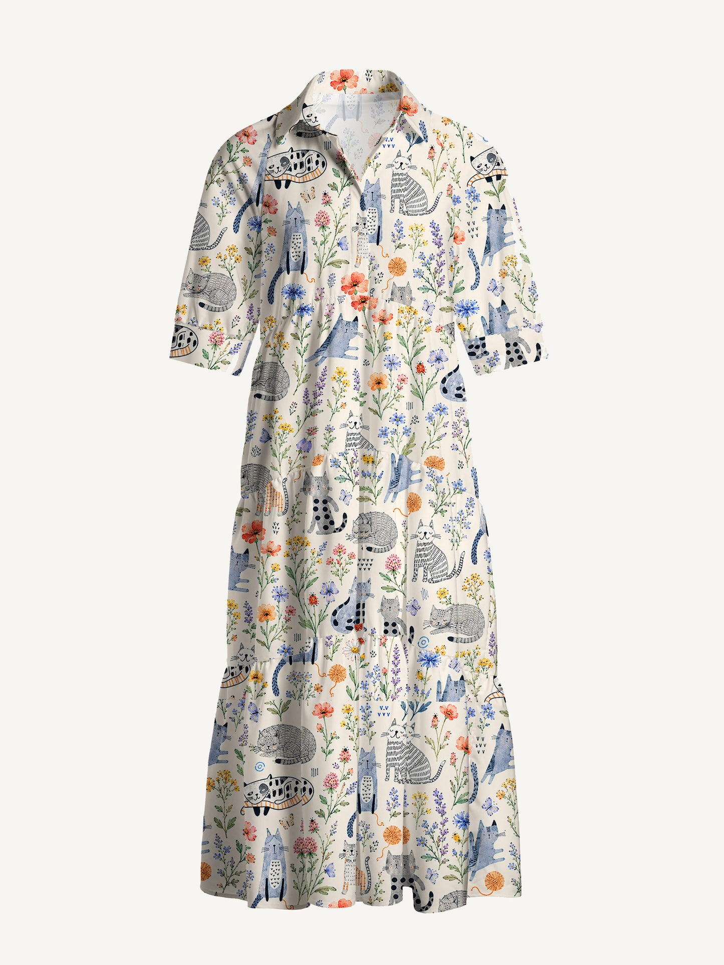 V Neck Collared Whiskers in the Wildflowers Print Casual Midi Dress With Pockets