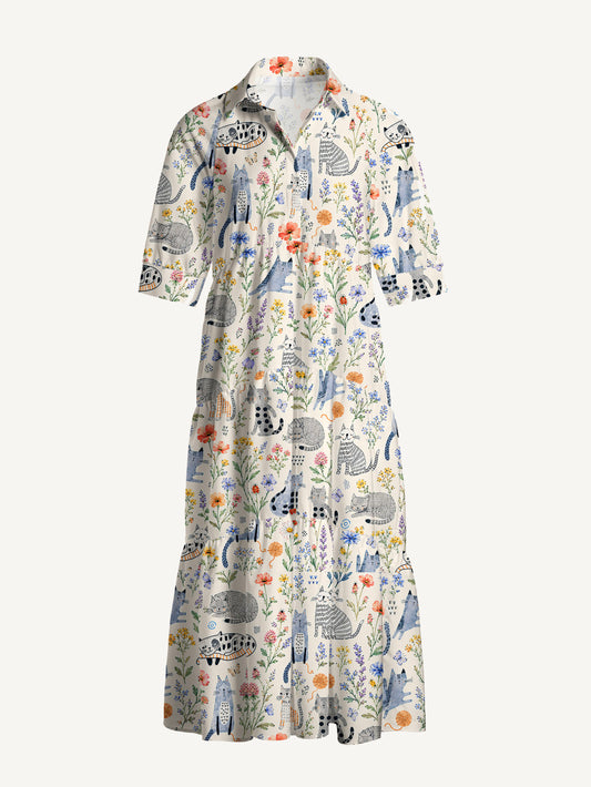 V Neck Collared Whiskers in the Wildflowers Print Casual Midi Dress With Pockets