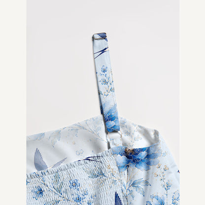 Whispers of Blue Swallows Print Wide Straps Maxi Dress With Pockets