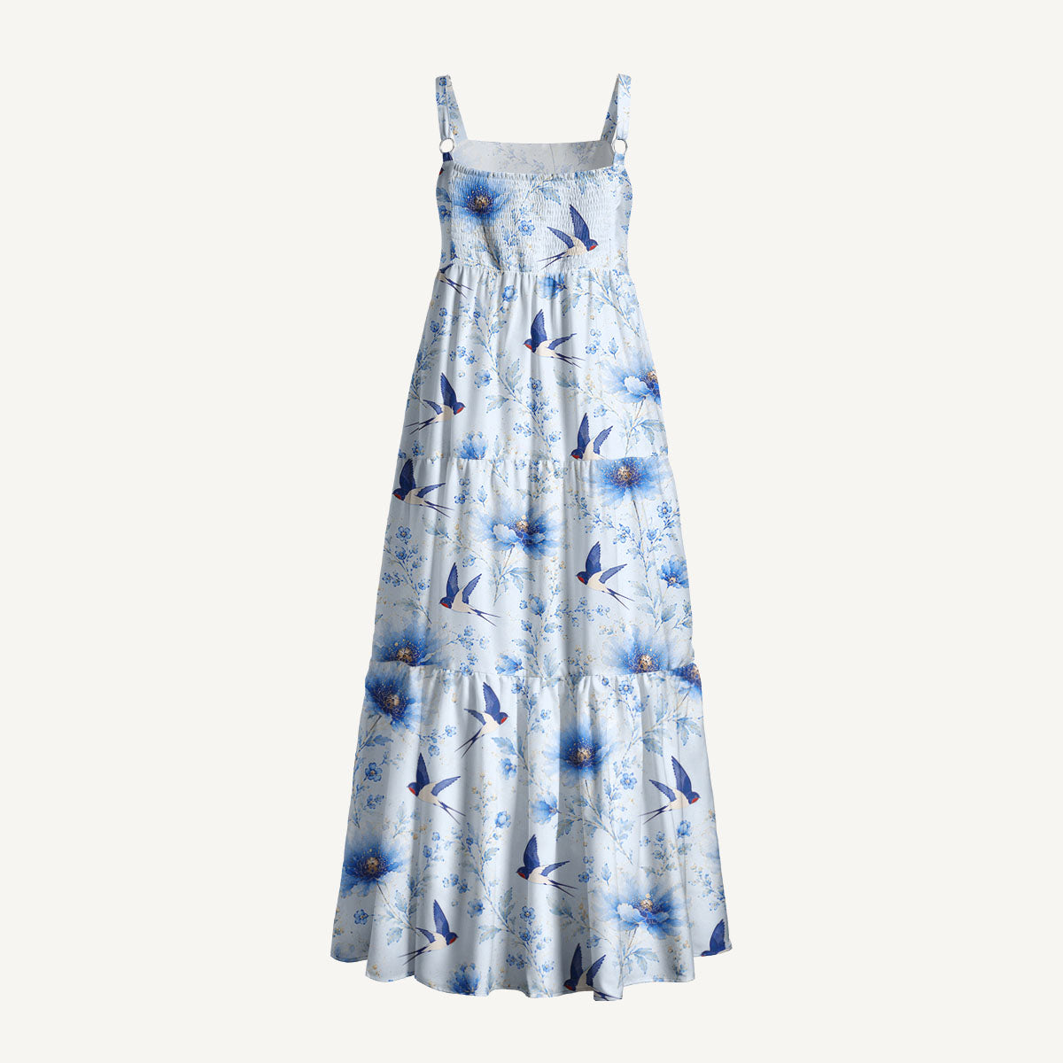 Whispers of Blue Swallows Print Wide Straps Maxi Dress With Pockets