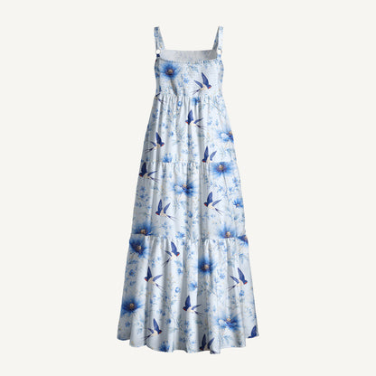 Whispers of Blue Swallows Print Wide Straps Maxi Dress With Pockets