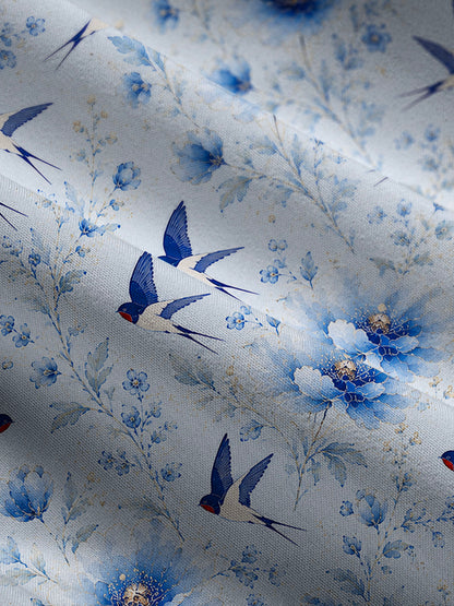 V Neck Collared Whispers of Blue Swallows Print Casual Midi Dress With Pockets