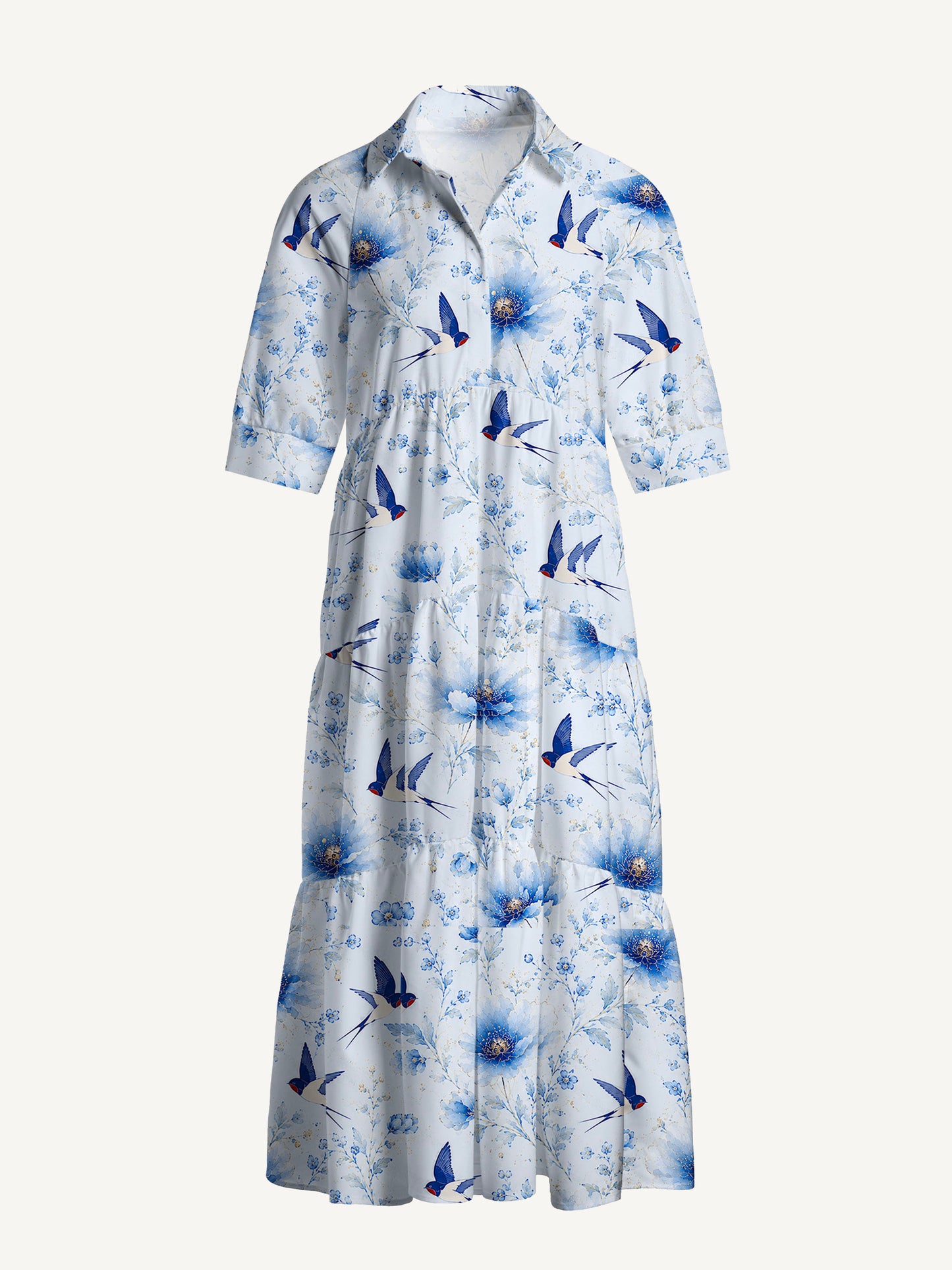 V Neck Collared Whispers of Blue Swallows Print Casual Midi Dress With Pockets