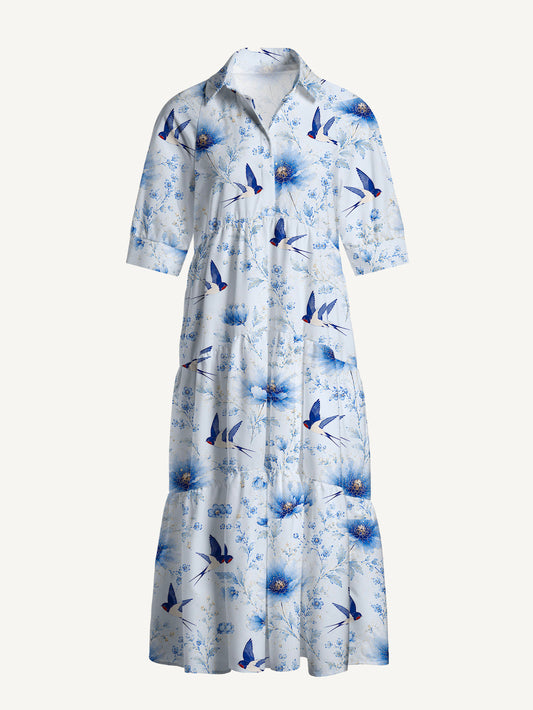 V Neck Collared Whispers of Blue Swallows Print Casual Midi Dress With Pockets