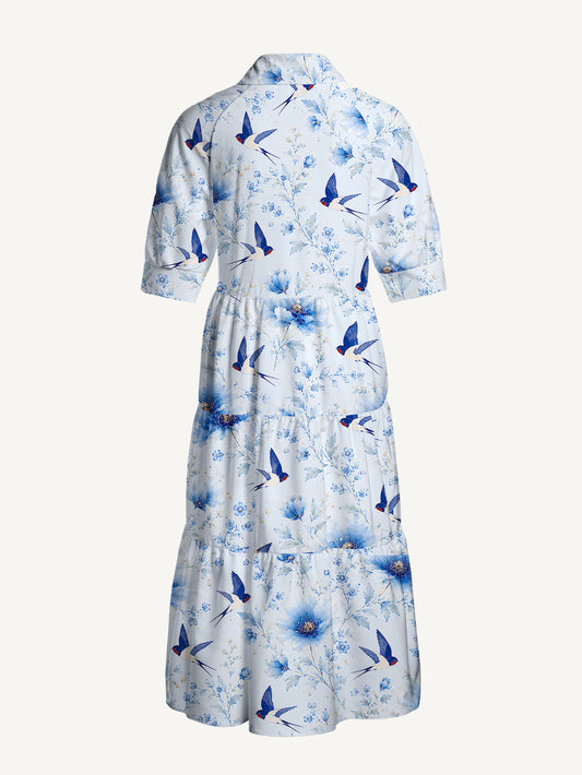 V Neck Collared Whispers of Blue Swallows Print Casual Midi Dress With Pockets