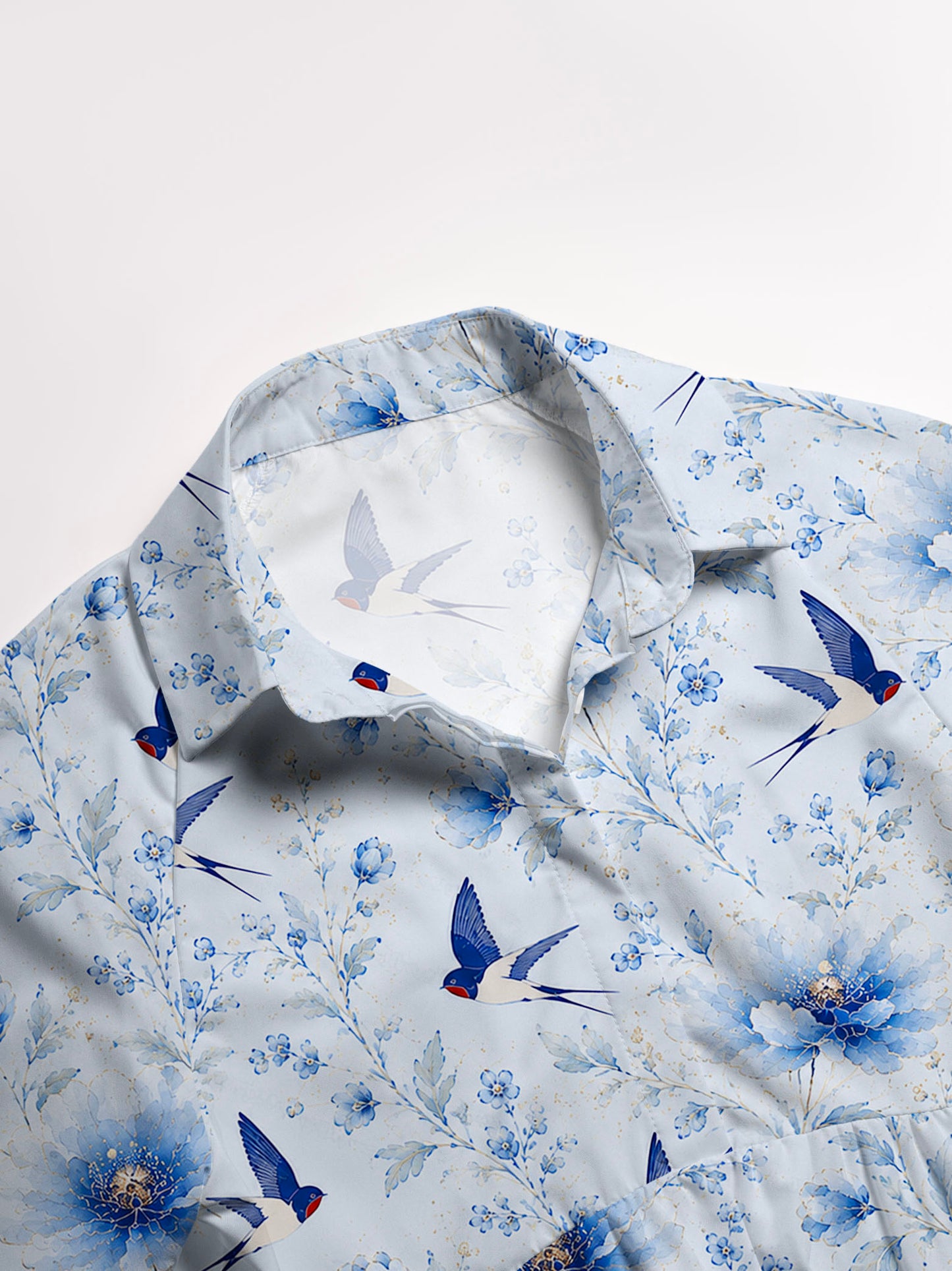 V Neck Collared Whispers of Blue Swallows Print Casual Midi Dress With Pockets