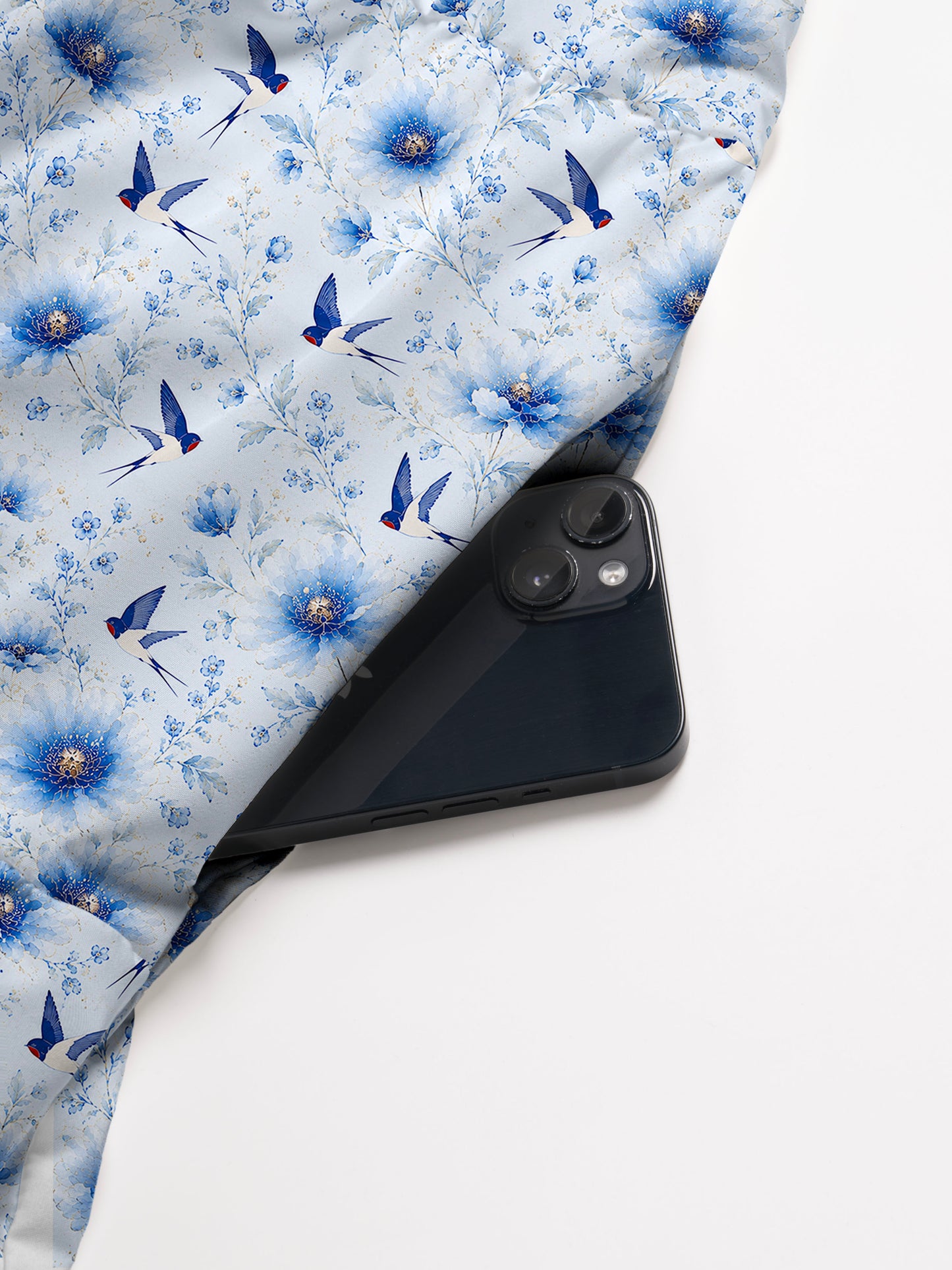 V Neck Collared Whispers of Blue Swallows Print Casual Midi Dress With Pockets