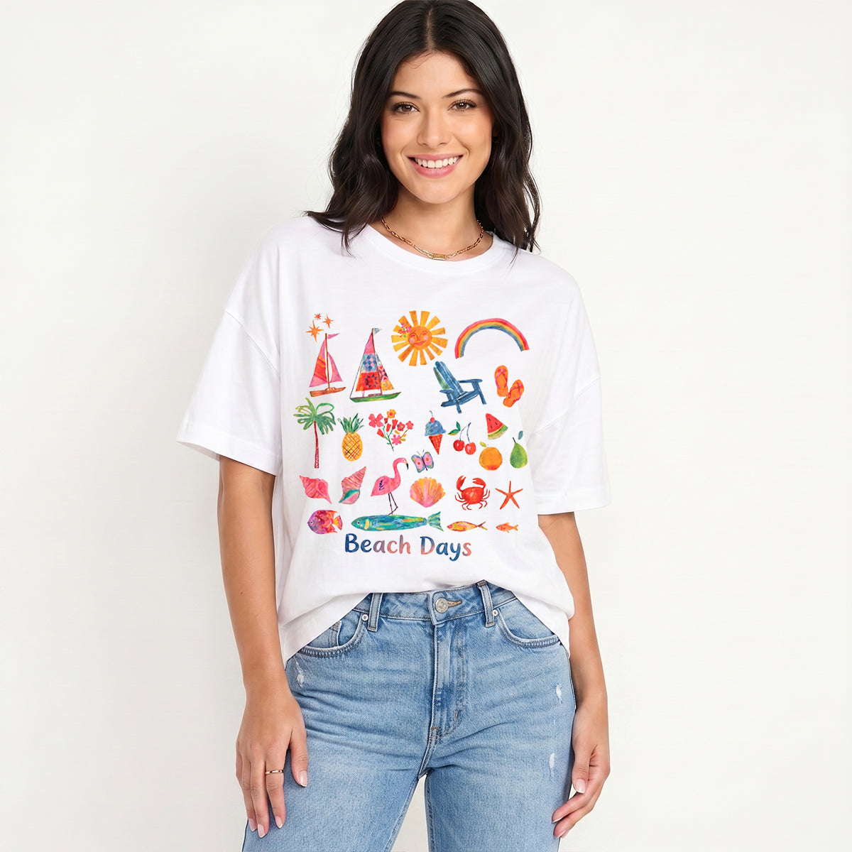 Beach Days Print Crew Neck Cotton Tee