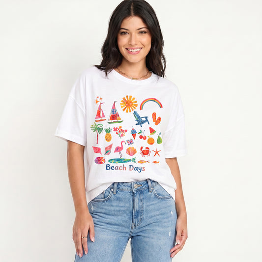 Beach Days Print Crew Neck Cotton Tee