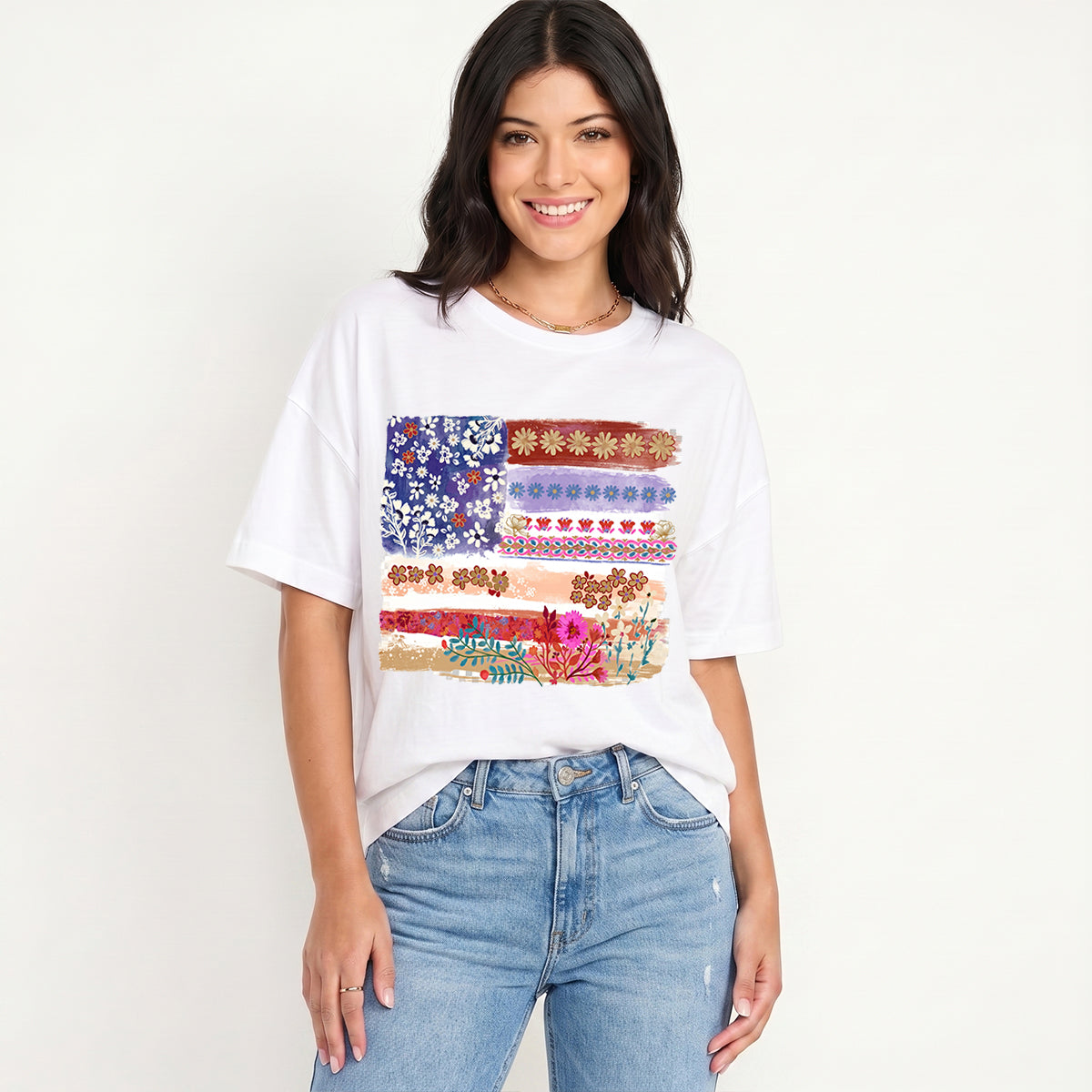 Flower Flag Print Crew Neck Cotton Tee