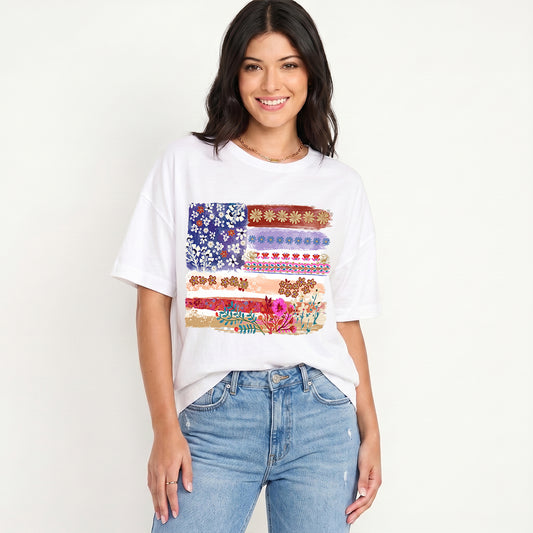 Flower Flag Print Crew Neck Cotton Tee