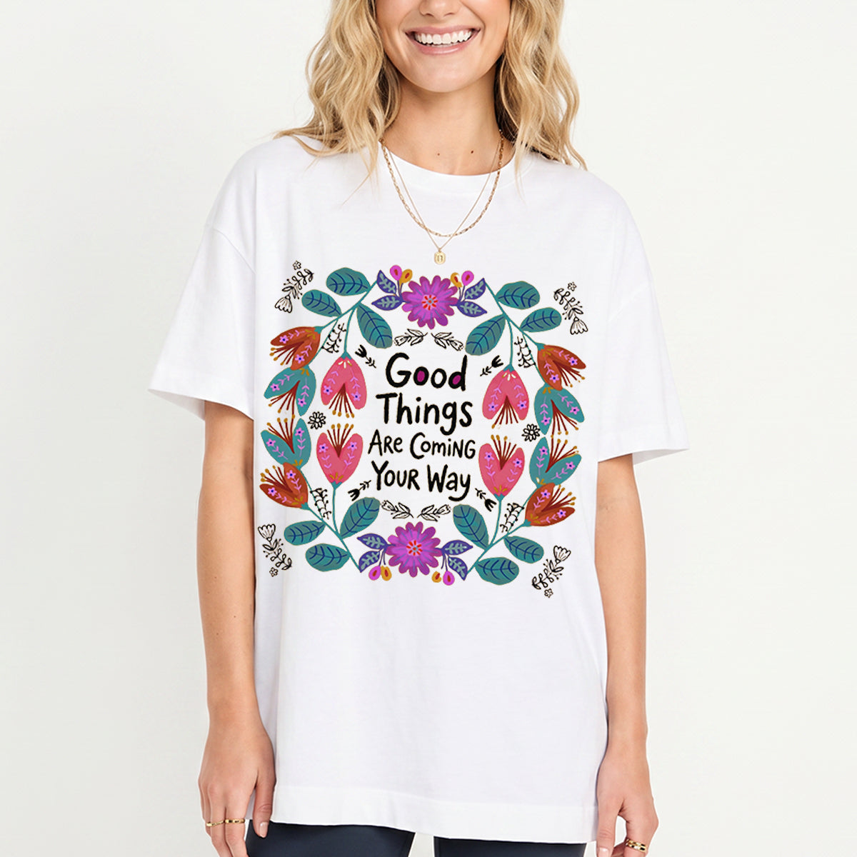 Good Things Are Coming Your Way Print Crew Neck Cotton Tee