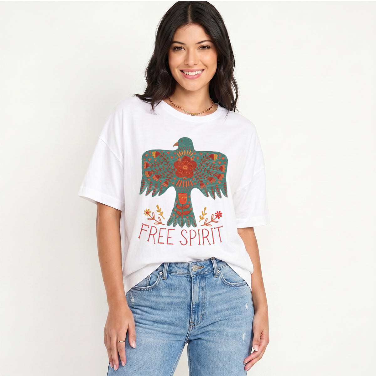 Boho Free Spirit Print Crew Neck Cotton Tee