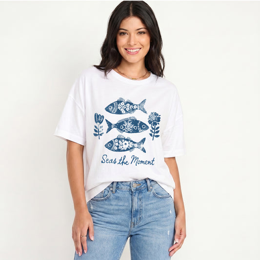 Seas the Moment Print Crew Neck Cotton Tee