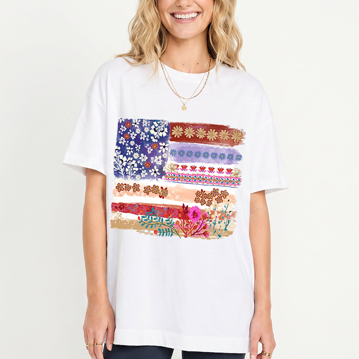 Flower Flag Print Crew Neck Cotton Tee