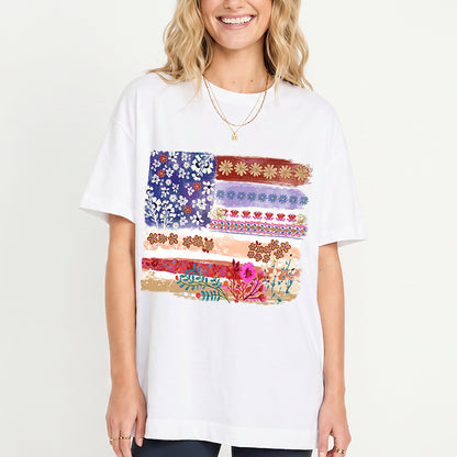 Flower Flag Print Crew Neck Cotton Tee