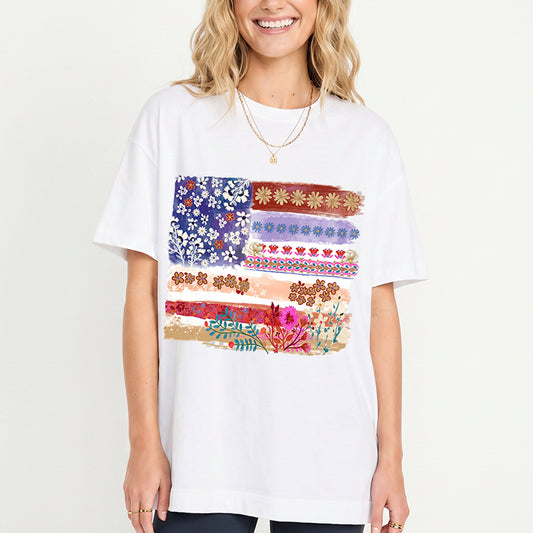 Flower Flag Print Crew Neck Cotton Tee