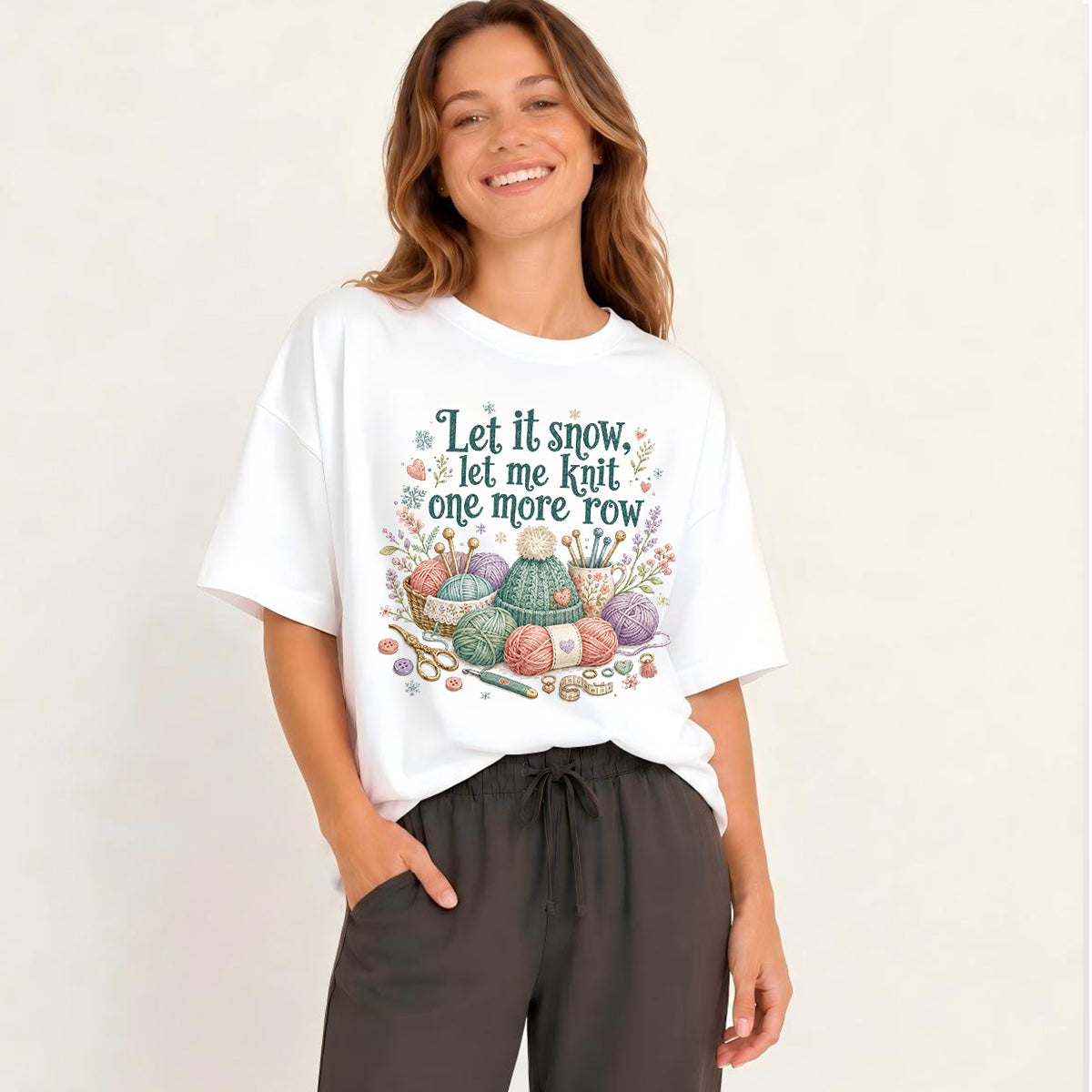 Cozy Snowy Knit Rows Print Crew Neck Cotton Tee