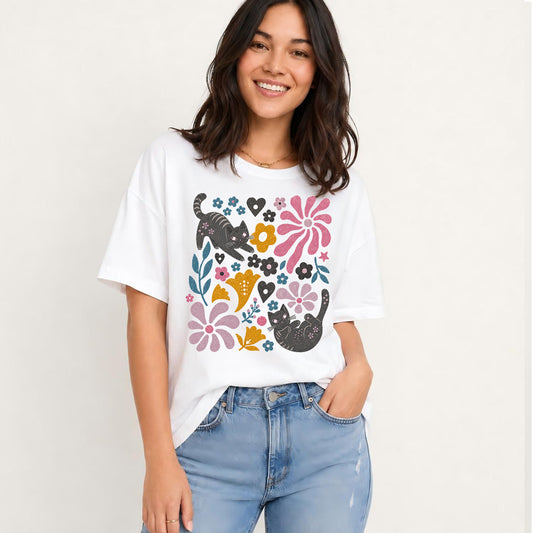 Floral Kitty Days Print Crew Neck Cotton Tee