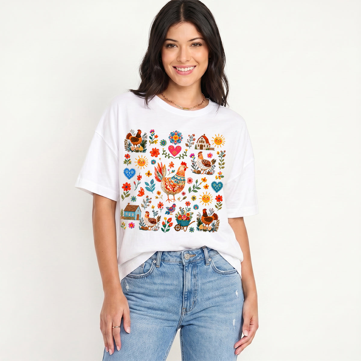 Vintage Farmhouse Chicken Floral Print Crew Neck Cotton Tee