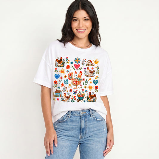 Vintage Farmhouse Chicken Floral Print Crew Neck Cotton Tee