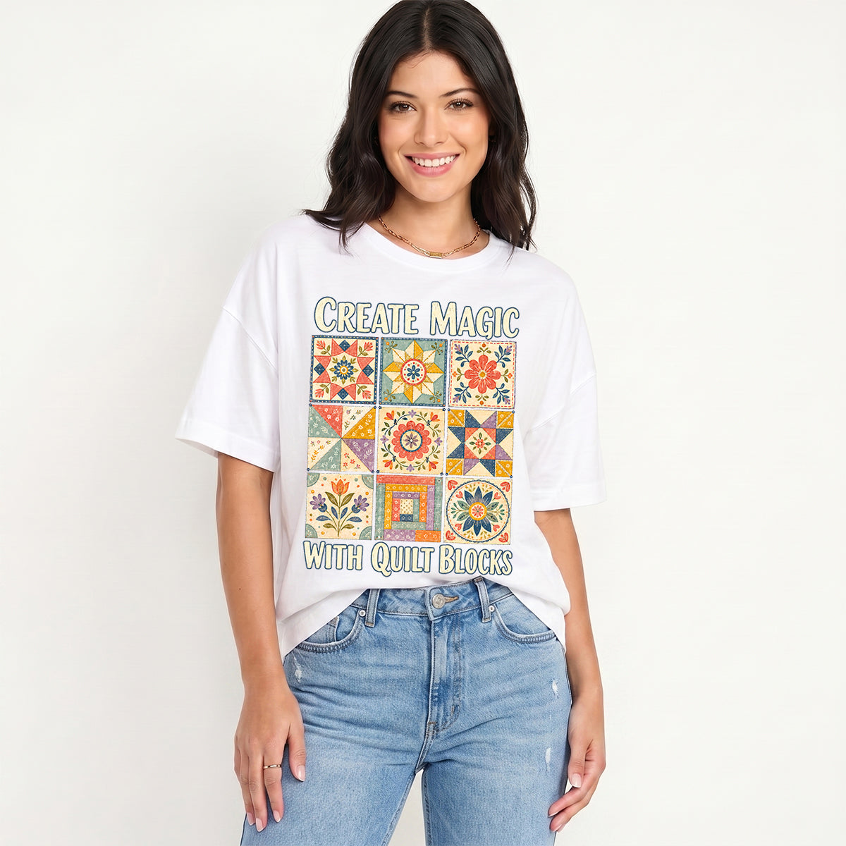 Magic Quilt Blocks Print Crew Neck Cotton Tee
