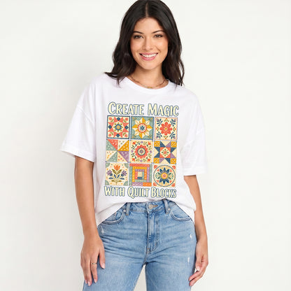 Magic Quilt Blocks Print Crew Neck Cotton Tee