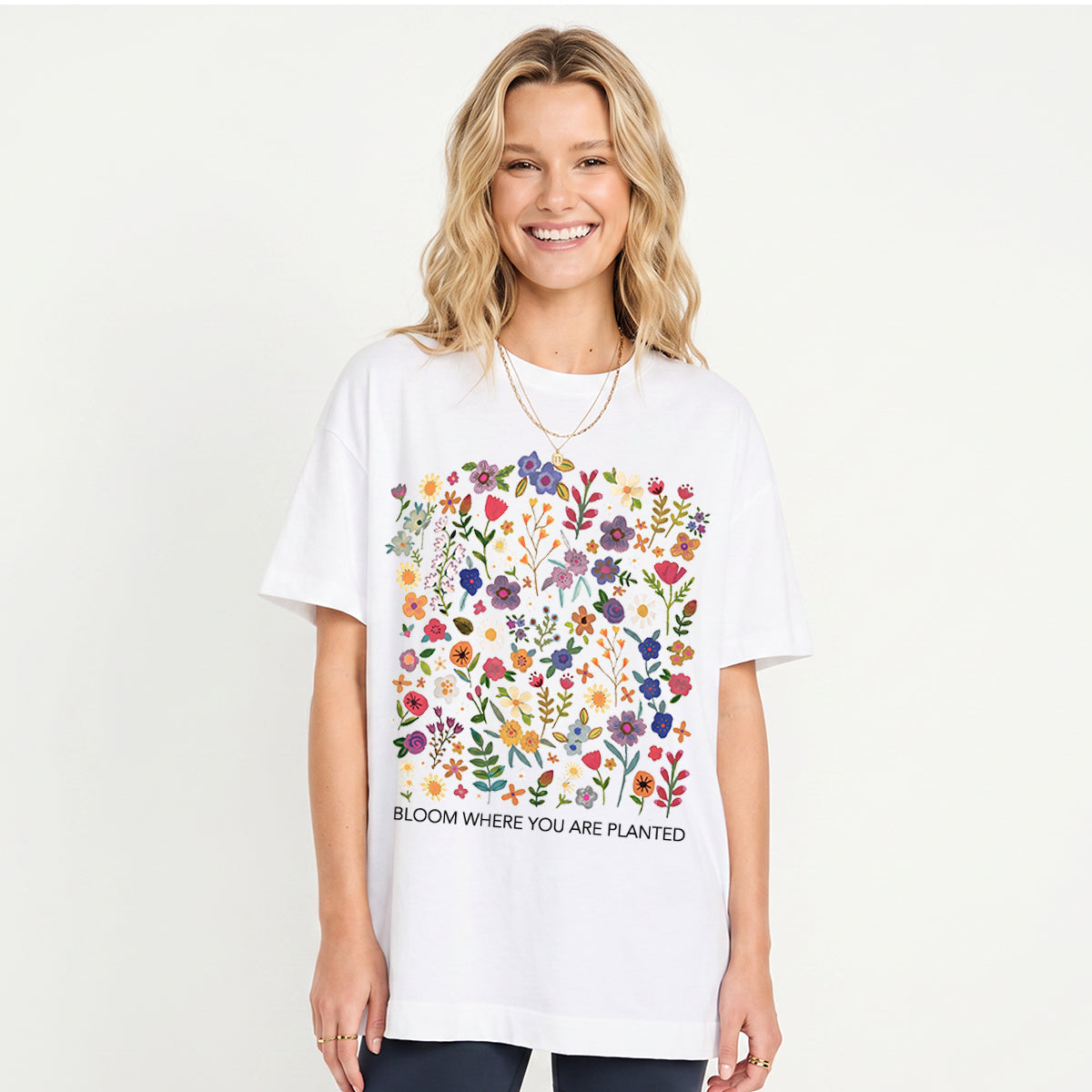 Bloom Where You Are Planted Print Crew Neck Cotton Tee