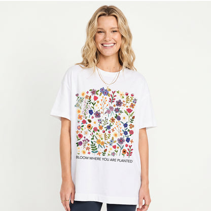 Bloom Where You Are Planted Print Crew Neck Cotton Tee