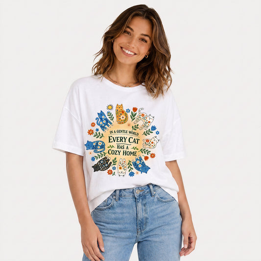 Floral Cats Cozy Home Print Crew Neck Cotton Tee
