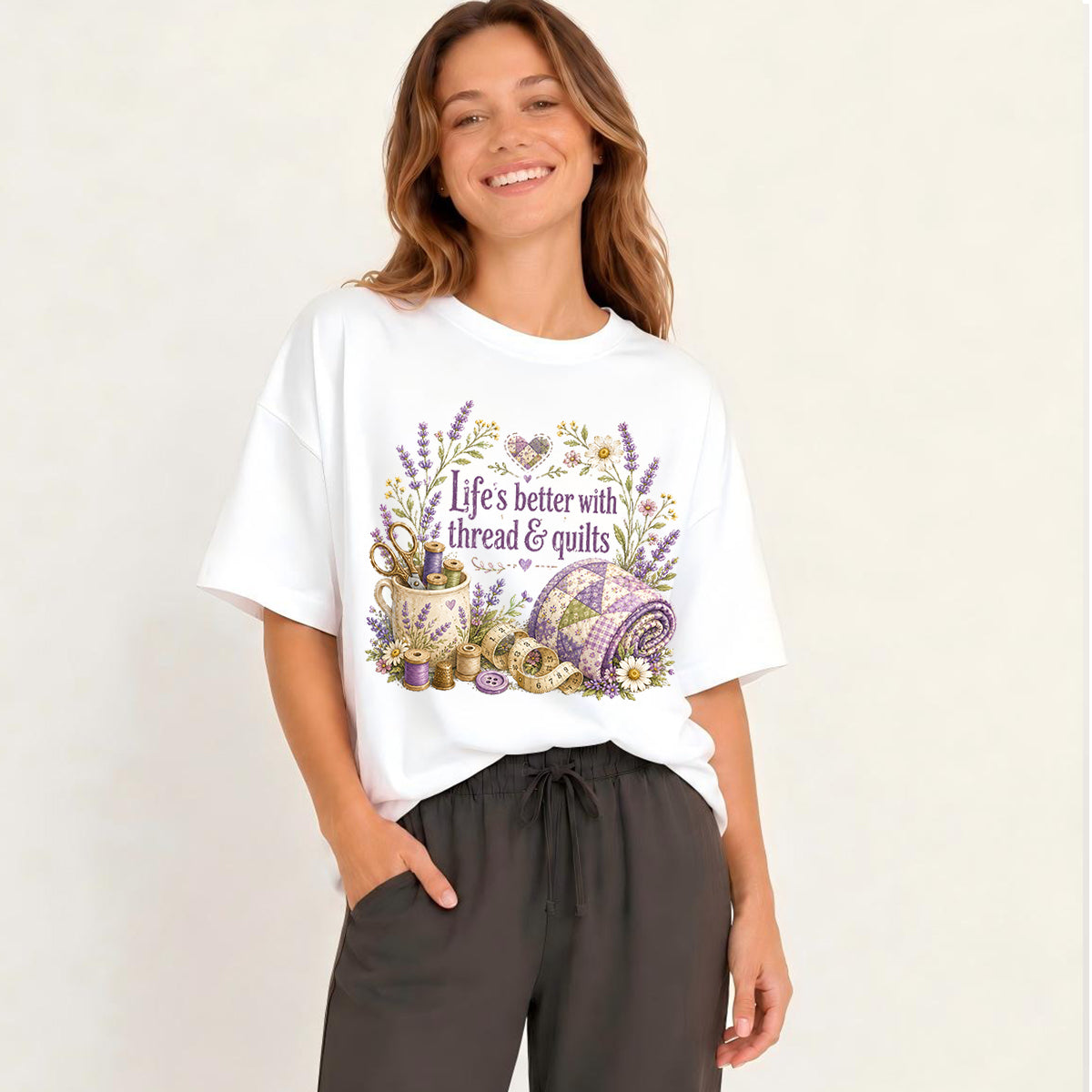 Stitched Quiet Happiness Print Crew Neck Cotton Tee
