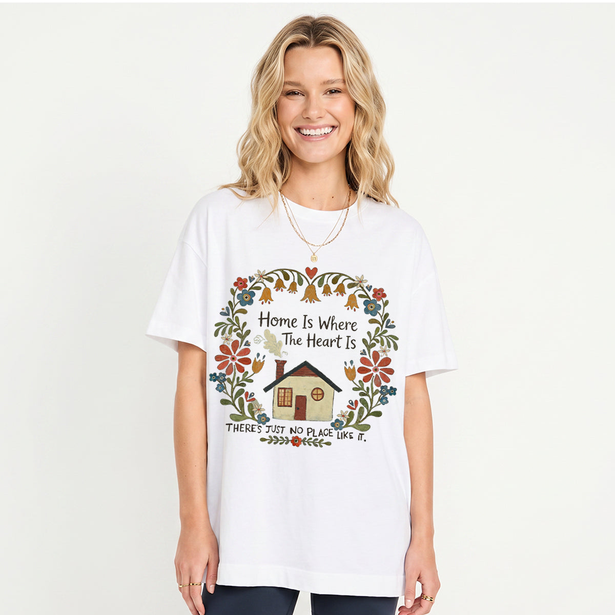 Home Is Where The Heart Is Print Crew Neck Cotton Tee