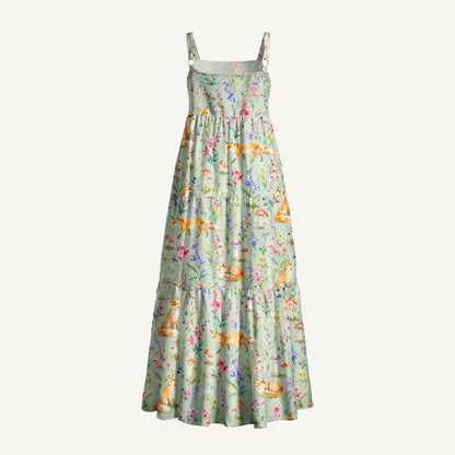 Woodland Fox Blooms Print Wide Straps Maxi Dress With Pockets
