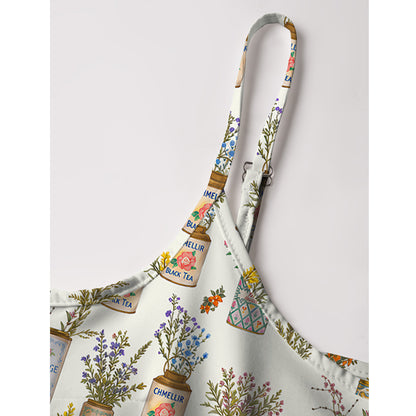Vintage Tea Cans Print Spaghetti Strap Mini Dress