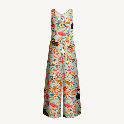 Flower Cat Print Boho Jumpsuit with Pockets for Women