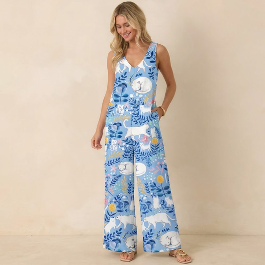 Blue Leaf Cat Print Boho Jumpsuit with Pockets for Women