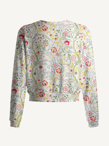 Lightweight Crew Neck Long‑Sleeve Cropped Peony Vine Garden Print Fine‑Knit Cardigan