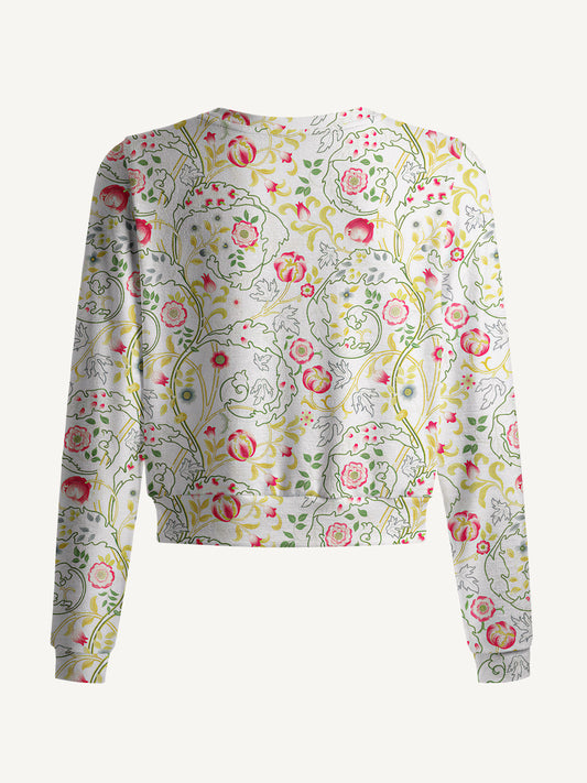 Lightweight Crew Neck Long‑Sleeve Cropped Peony Vine Garden Print Fine‑Knit Cardigan