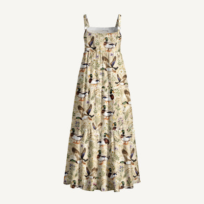 Watercolor Mallard Ducks Print Wide Straps Maxi Dress With Pockets