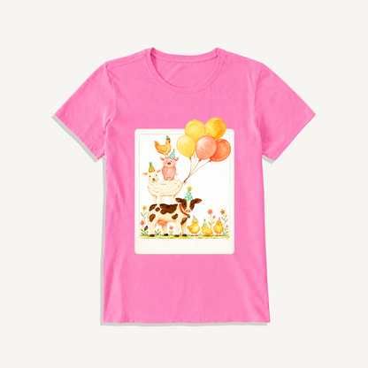 Farm Party Portrait Print Crew Neck Cotton Tee