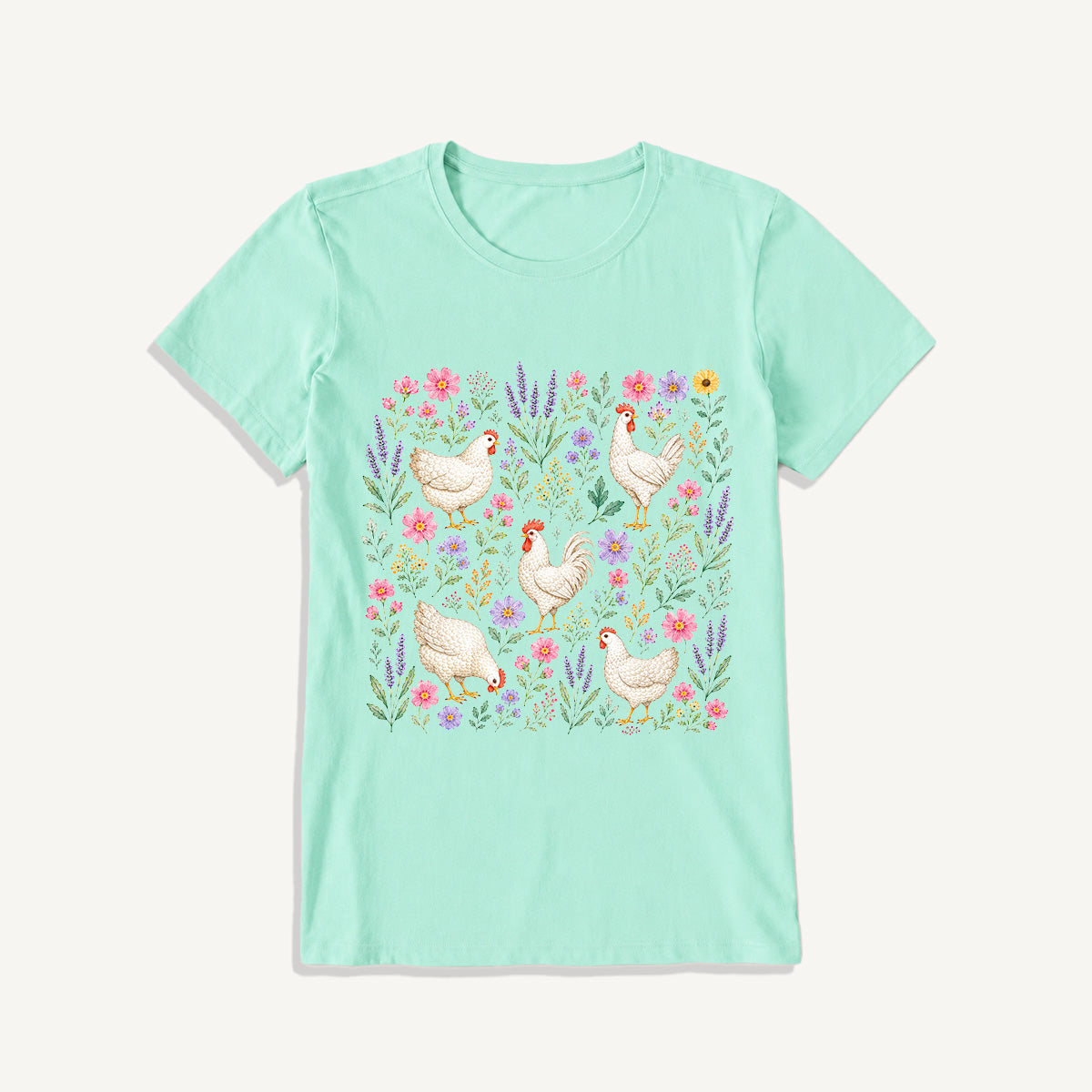 Blooming White Chicken Meadow Print Crew Neck Cotton Tee