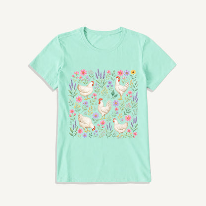 Blooming White Chicken Meadow Print Crew Neck Cotton Tee
