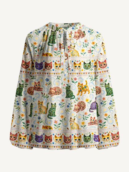 Starry Night Cat Whisper Print Boho Long Sleeve Tie‑Neck Blouse