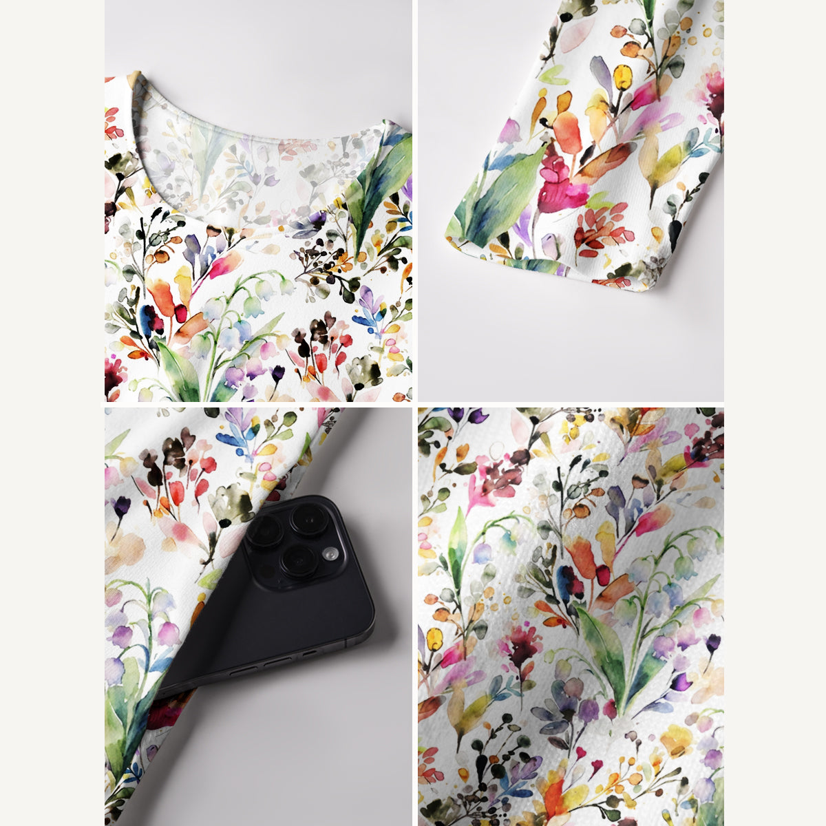 Watercolor Wildflower Garden Print Soft-Touch Stretch Knit Long Sleeve Maxi Dress with Pockets